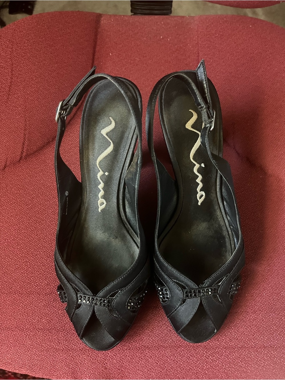 Nina Black Satin Open-Toe Slingback 4” Heels. 7.5 M